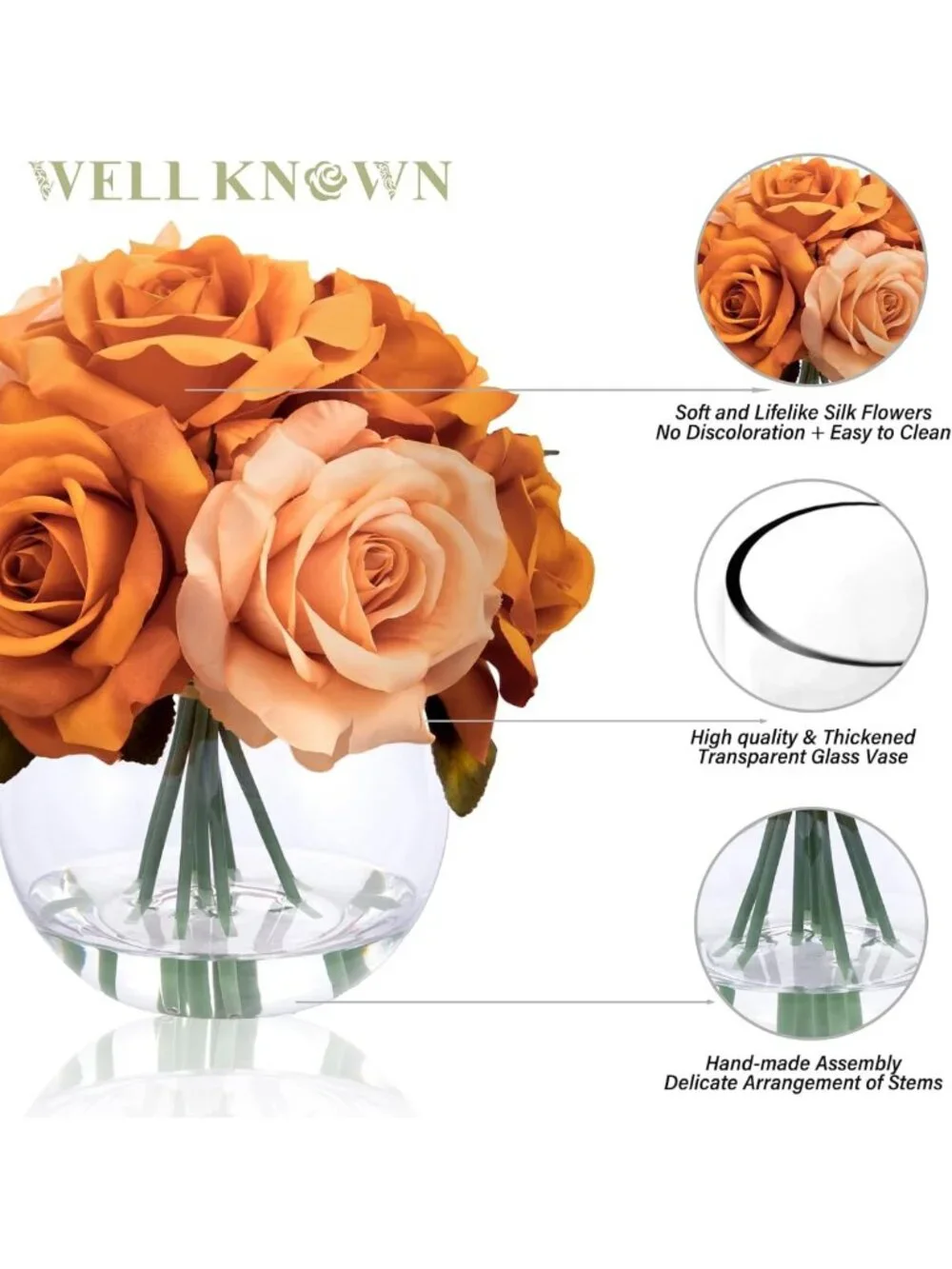 Elegant Burnt Orange Rose Arrangement in Vase with Faux Water - Artificial